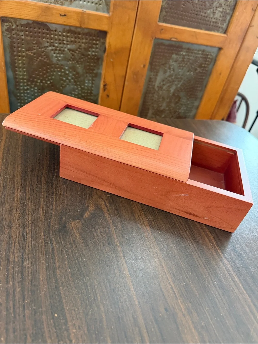 Vintage Wooden Sliding Photo Box Wooden Keepsake Trinket Storage Organizer